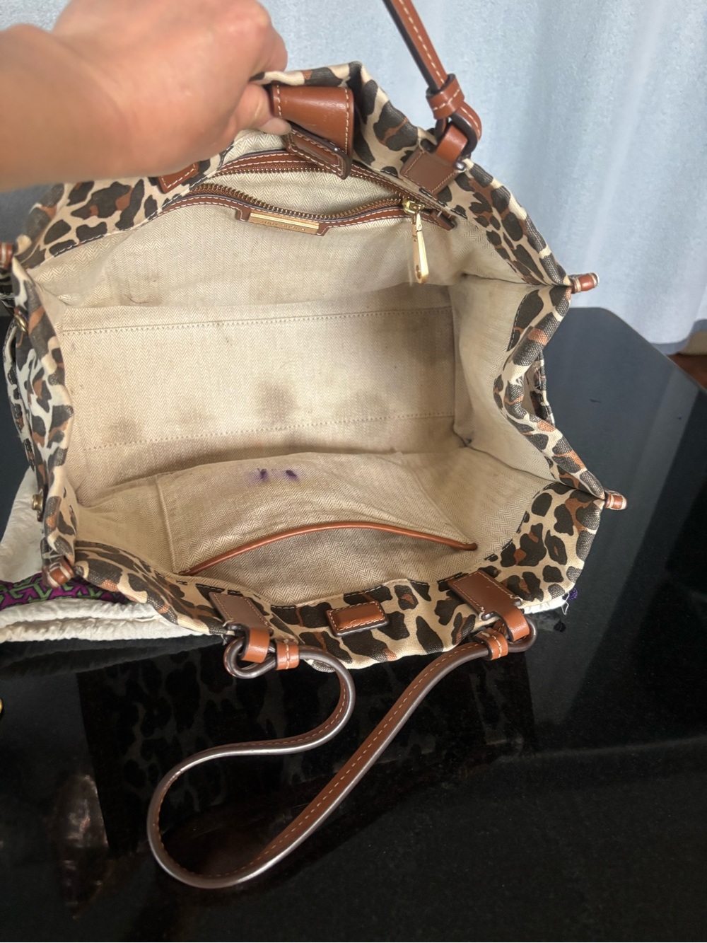 Authentic Tory Burch Ella Leopard Print Leather-Trim canvas Tote - Brown/Cream - Picture 4 of 16